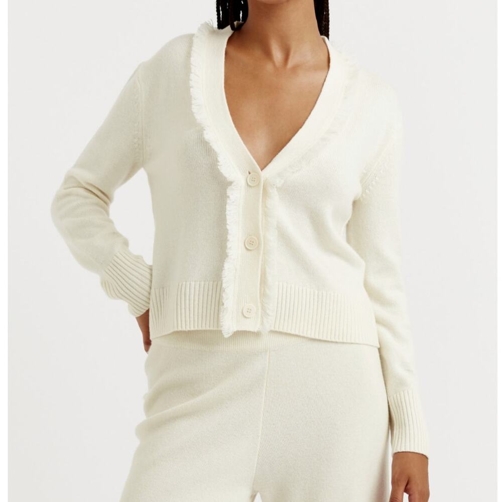 CHINTI & PARKER Cashmere Wool Blend Fringe Cardigan Ivory Cream Sz S {FF40}